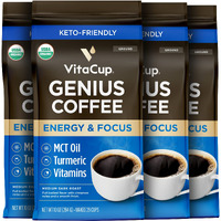 Vitacup Organic Genius Ground Keto Coffee, Increase Energy & Focus W/Mct Oil, Turmeric, B Vitamins, D3, Usda Organic Ground Coffee Medium Dark Roast, 100% Arabica Coffee Grounds, 4 Bags, 10 Oz Each