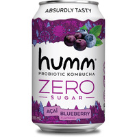 Humm Probiotic Kombucha Zero Sugar Blueberry Acai - No Refrigeration Needed, Keto-Friendly, Organic, Vegan, Gluten-Free - 12Oz Cans (8 Pack)