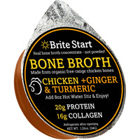Brite Start Bone Broth - Chicken + Ginger & Turmeric - 12 Count - Keto Friendly Concentrate With 16G Collagen, 20G Paleo Protein - Made From Organic Free Range Chicken Bones - Single Serve Packets