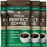 Vitacup Perfect Low Acid Coffee Ground, Usda Organic & Fair Trade, Mycotoxin Free, Dark Roast Guatemala Single Origin, Clean & Pure For Drip Coffee Brewers And French Press, 4 Bags, 11Oz Each