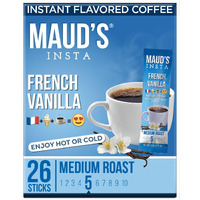Maud's French Vanilla Instant Coffee Packets Single Serve, 26 Ct | French Vanilla Flavored Coffee | 100% Arabica Medium Roast Coffee Solar Energy Produced | Hot Or Iced Coffee Instant Powder Packs