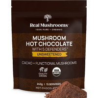 Real Mushrooms Unsweetened Organic Hot Chocolate Mix With 5 Defenders (Turkey Tail, Chaga, Maitake, Shiitake, & Reishi Mushroom) - Organic Cacao Powder - Vegan Mushroom Supplement, 15 Servings