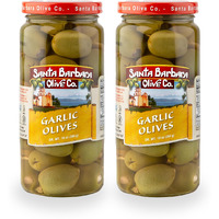 Santa Barbara Gourmet Garlic Stuffed Olives - Meaty Green Olives With Crunchy Garlic - Perfect For Cocktails Or Straight From The Jar - 2-Pack, 10 Oz Each