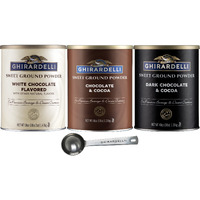 Ghirardelli Sweet Ground Premium Powder 3 Flavor Variety, 1-3 Pound Can Each, White Chocolate, Chocolate, And Dark Chocolate With Ghirardelli Stamped Barista Spoon