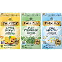 Twinings Herbal Tea Variety 3-Pack - Pure Peppermint, Pure Camomile + Lemon & Ginger Tea Bags, Naturally Caffeine-Free, 20 Count Each