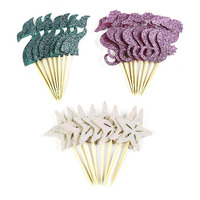 24 Pieces Mermaid Theme Glitter Cupcake Topper Cake Picks Decoration For Baby Shower Birthday Party Favors, Mermaid Tail, Seahorse And Starfish Food Picks (Mermaid)