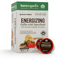 Bareorganics Energy Medium Roast Coffee, Organic, 10 K-Cup Pods, Superfoods & Probiotics Infused, Vegan, Gluten Free, 10 Single Serve Cups