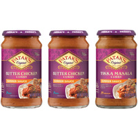 Patak's Simmer Sauce, 15 Oz (Pack Of 3), Variety Pack (2 Butter Chicken, 1 Tikka Masala), No Artificial Flavors, Gluten Free, Vegetarian Friendly