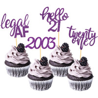 24 Pcs Glitter 21St Birthday Cupcake Toppers For Celebrating Twenty-One Years Old Birthday Party Decorations (Purple Glitter)