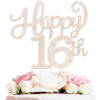 Happy 16Th Birthday Decorations,16Th Birthday Gold Rhinestone Cake Topper - Cheers To Sixteen Years Old Bday Party Metal Sparkly Cake Centerpieces Sign.