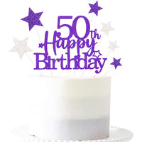 Glittery 50Th Happy Birthday Cake Topper With Star,Personalised 50 Birthday Cake Toppers Party Decorations Party Supplies For Men Women Purple Silver