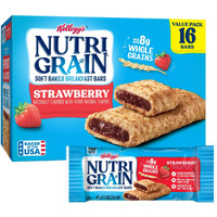 Nutri-Grain Soft Baked Breakfast Bars, Made With Whole Grains, Kids Snacks, Value Pack, Strawberry, 20.8Oz Box (16 Bars)