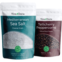 Viva Doria Tellicherry Black Peppercorn, Whole Black Pepper, Black Peppercorns, 12 Oz And Mediterranean Sea Salt, Coarse Grain, 2 Lb, For Grinder Refills (2 Set)