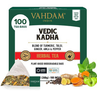 Vahdam, Vedic Kadha Herbal Tea Bags (100 Ct) Caffeine Free, 100% Real Ingredients - Turmeric, Black Pepper, Amla, Tulsi, Ginger, Cloves | Pure Herbal Tisane - Earthy, Savory | Resealable Ziplock Pouch