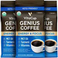 Vitacup Organic Genius Ground Keto Coffee, Increase Energy & Focus W/Mct Oil, Turmeric, B Vitamins, D3, Usda Organic Ground Coffee Medium Dark Roast, 100% Arabica Coffee Grounds, 3 Bags, 10 Oz Each