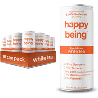 Happy Being Nutrient-Rich Organic Peach Rose White Tea - Infused With Turmeric, Elderberry, Vitamin D3, Caffeine Free, Plant-Based, Low Calorie & Low Sugar Drinks, 12Oz (16 Pack)