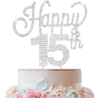 Lingteer Happy 15Th Birthday Silver Rhinestone Cake Topper - Cheers To 15Th Birthday Fifteen Years Old Party Cake Centerpieces Topper Decorations Gift Sign.
