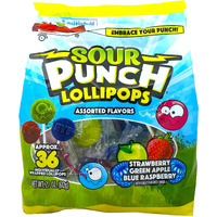 Adams & Brooks, Inc. Sour Punch Lollipops Sour Fruit Flavors Strawberry, Green Apple, Blue Raspberry Sour Lollipops, Sour Punch Pops Individually Wrapped 36 Count