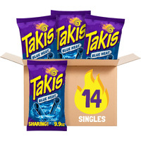 Takis Blue Heat 14 Ct, 9.9 Oz Sharing Size Case, Hot Chili Pepper Flavored Extreme Spicy Rolled Tortilla Chips