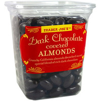 Trader Joe's Dark Chocolate Almonds Crunchy California Almonds Drenched In Rich Dark Chocolate No Gluten Ingedients...