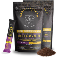 Grateful Earth Mushroom Coffee, Espresso Instant Coffee With Cinnamon, Turmeric, Lions Mane Mushrooms, L-Theanine, Chaga Super Brain Blend, Energy & Immune Support, Dairy & Gluten Free, 2 Bags, 40 Ct