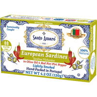 Santo Amaro - Authentic European Sardines In Olive Oil & Red Piri Piri Pepper, Hand-Packed Canned Sardines In Spicy Olive Oil, Wild Caught Portuguese Sardines, Lightly Smoked, 20G Protein, Pack Of 3