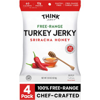 Think Jerky, Sriracha Honey Turkey Jerky (2.2 Ounce Bags, Pack Of 4 Bags) - Delicious Chef Crafted Jerky, Free Range Turkey, Gluten Free, No Antibiotics Or Nitrates - Healthy Protein Snack, Low Calorie And Low Fat