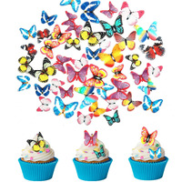 Weraru 48Pcs Edible Cake Butterfly Decoration Cake Toppers Birthday Party Cupcake Toppers Mixed Size & Colour