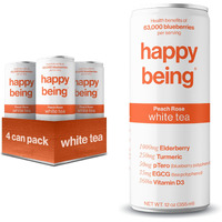 Happy Being Nutrient-Rich Organic Peach Rose White Tea - Infused With Turmeric, Elderberry, Vitamin D3, Caffeine Free, Plant-Based, Low Calorie & Low Sugar Drinks, 12Oz (4 Pack)