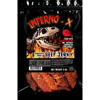 Inferno X Carolina Reaper Beef Jerky - With Jurassic Jerkys Special Blend Of Spices And The Famous Carolina Reaper Pepper, The Worlds Hottest Pepper! Amazing Taste, Msg-Free, No Preservatives Meat Snack. Can You Handle The Heat? (1)-3Oz Bag