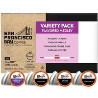 San Francisco Bay Compostable Coffee Pods - Variety Pack Flavored (40 Ct) K Cup Compatible Including Keurig 2.0, Hazelnut, Cinnamon, Caramel, Vanilla Flavored Coffee