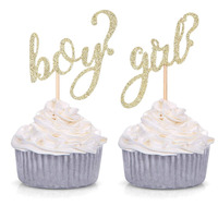 24 Ct Gold Glitter Boy Or Girl Cupcake Toppers Gender Reveal Party Decors