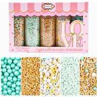 Confect Edible Sprinkles For Cakes & Cupcakes Decoration Assorted Pack Of 5 Cool Summer Breeze Mix Yellow Pearl Dragees Mint Green, Golden Jimmies Sparkling Gold Sugar - 3.5 Oz