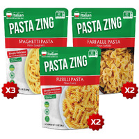 Pasta Zing Microwavable Variety Pasta Pack Of 7 | 2X Farfalle | 3X Spaghetti | 2X Fusilli Pasta | Microwave Pasta Ready To Eat In 60 Sec - Fully Cooked -100% Durum Wheat 7.05 Ounce