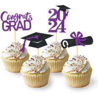 24Pcs Graduation Cupcake Toppers, Graduation Cupcake Picks For Cupcake Food Decorations - Class Of 2024 Graduation Cupcake Toppers Supplies (Purple)