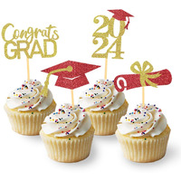 24Pcs Graduation Cupcake Toppers, Graduation Decorations Class Of 2024 Cupcake Toppers- Graduation Cupcake Picks For Graduation Themed Decorations (Red Gold)