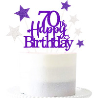 Glittery 70Th Happy Birthday Cake Topper With Star,Personalised 70 Birthday Cake Toppers Party Decorations Party Supplies For Men Women Purple Silver