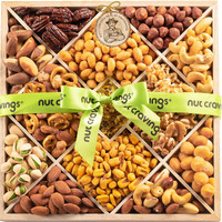 Nut Cravings Gourmet Collection - Diwali & Halloween Treats Mixed Nuts Gift Basket In Reusable Diamond Wooden Tray + Green Ribbon (12 Assortments) Arrangement Platter, Healthy Kosher
