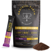 Grateful Earth Mushroom Coffee, Espresso Instant Coffee With Cinnamon, Turmeric, Lions Mane Mushrooms, L-Theanine, Chaga Super Brain Blend For Energy & Immune Support, Dairy & Gluten Free, 20 Packets