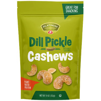 Platinum Dill Pickle Cashews - Plant Based Protein, Fiber, Healthy Snack - Roasted With Tangy Zest Of Dill Pickle - Can Bring At Home, Work, Office, Gym & School - 11Oz Individual & Resealable Pouch