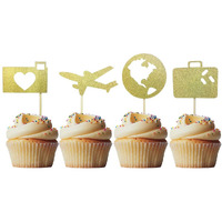 Morndew 24 Pcs Airplane Heart Traveling Case Earth Cupcake Toppers For World Travel Themed Party Baby Shower Birthday Party Wedding Party Decorations