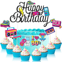 41 Pieces 90's Retro Theme Cupcake Toppers 90's Birthday Party Cake Toppers 90's Retro Party Cake Dessert Diy Decoration For Birthday Party Supplies