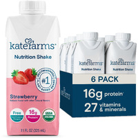 Kate Farms Organic Nutrition Shake, Strawberry, 16G Protein, 27 Vitamins And Minerals, Protein Meal Replacement Drink, Plant Based, 11 Oz (6 Pack)
