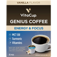 Genius Vanilla Keto Coffee Pods By Vitacup W/Mct Oil, Turmeric, B Vitamins, & D3 For Energy & Focus In Recyclable Single Serve Pod Compatible With K-Cup Brewers Including Keurig 2.0, 16 Ct