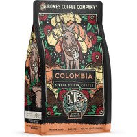 Bones Coffee Company Colombia Single-Origin Ground Coffee Beans, Low Acid Coffee, Made With Arabica Coffee Beans, Coffee Lover Gift Ideas, Ground Coffee Medium Roast (12 Oz)