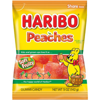 Haribo Gummi Candy, Peaches, 5 Oz. Bag (Pack Of 12)