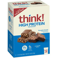Think! Protein Bars, High Protein Snacks, Gluten Free, Kosher Friendly, Brownie Crunch, Nutrition Bars, 2.1 Oz Per Bar, 12 Count (Packaging May Vary)