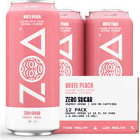 Zoa Zero Sugar Energy Drinks, White Peach - Sugar Free With Electrolytes, Healthy Vitamin C, Amino Acids, Essential B-Vitamins, And Caffeine From Green Tea - 16 Fl Oz (12-Pack)