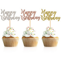 Donoter 48 Pcs Glitter Happy Birthday Cupcake Toppers Cake Picks For Birthday Party Decoration Supplies