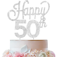 Lingteer Happy 50Th Birthday Silver Rhinestone Cake Topper - Cheers To 50Th Birthday Fifty Years Old Anniversary Party Cake Centerpieces Topper Decorations Gift Sign.